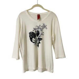 Olsen Europe Cream Floral Palm Tree Tee Large? Sequins 3/4 Sleeves Cotton